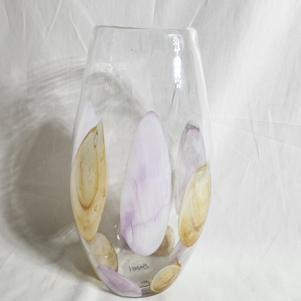 Elegant Art Glass Vase with Light Purple and Tan Accents 12" Tall 8" Wide